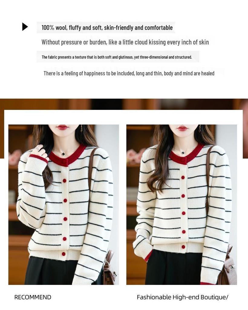 Women's Striped Color Block Pure Wool Thick Knit Cardigan Sweater