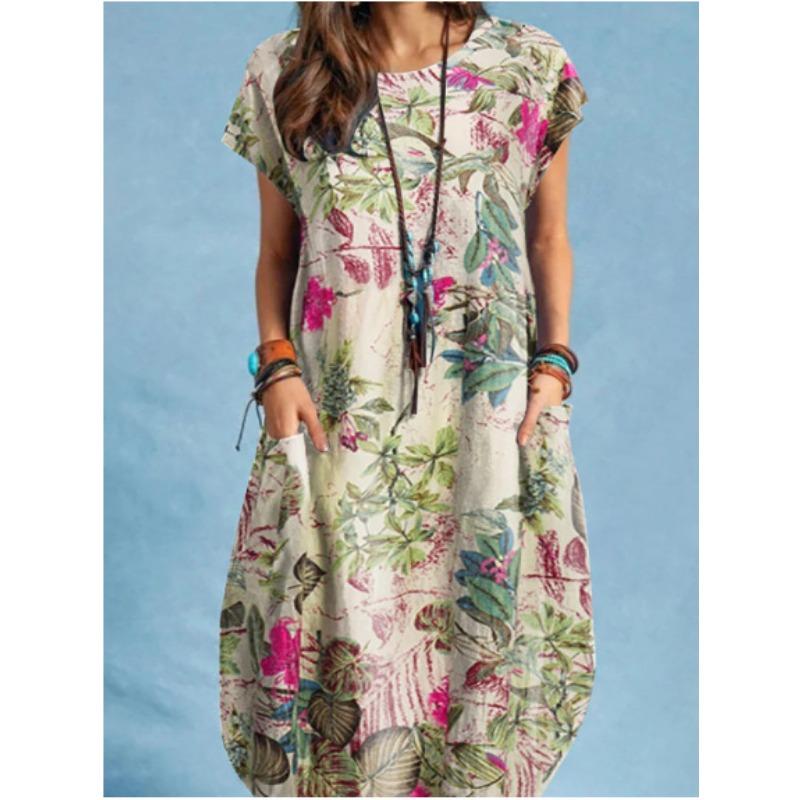 

Летняя мода хлопок лен набивной круглый вырез карман короткий рукав повседневное платье для женщин L фуксия