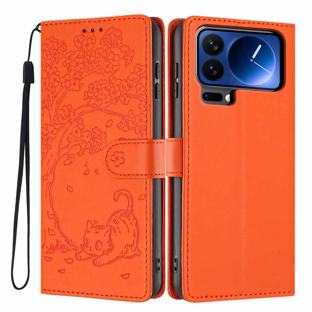 For Xiaomi 17 Pro Max Stand Case Tree-and-Cat Pattern PU Leather Wallet Protective Phone Cover with Wrist Strap