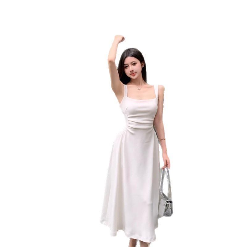 French wind pleated design suspender dress women's spring and summer pure desire wind waist thin a word sleeveless long dress