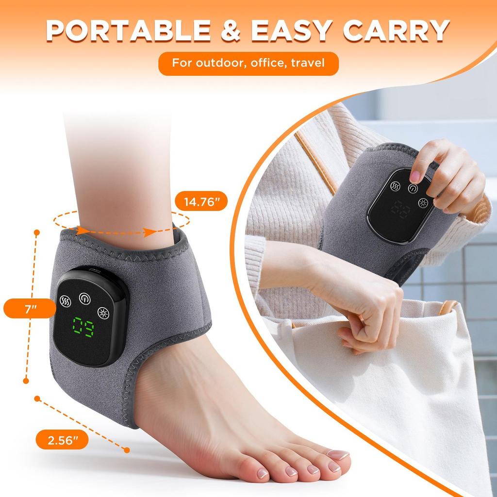 3-in-1 Foot Massager with 5 Heat Levels Portable Rechargeable Cordless Heated Ankle Wrap with 3 Vibration Modes