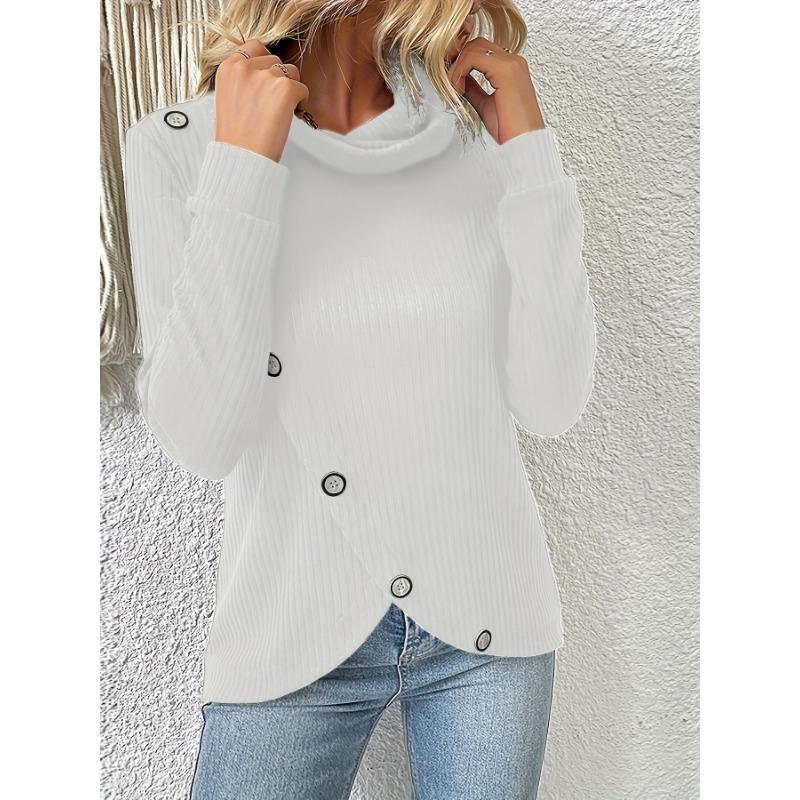 Women S Long Sleeve Knit Pullover Top Mock Neck Solid Color Irregular Hem