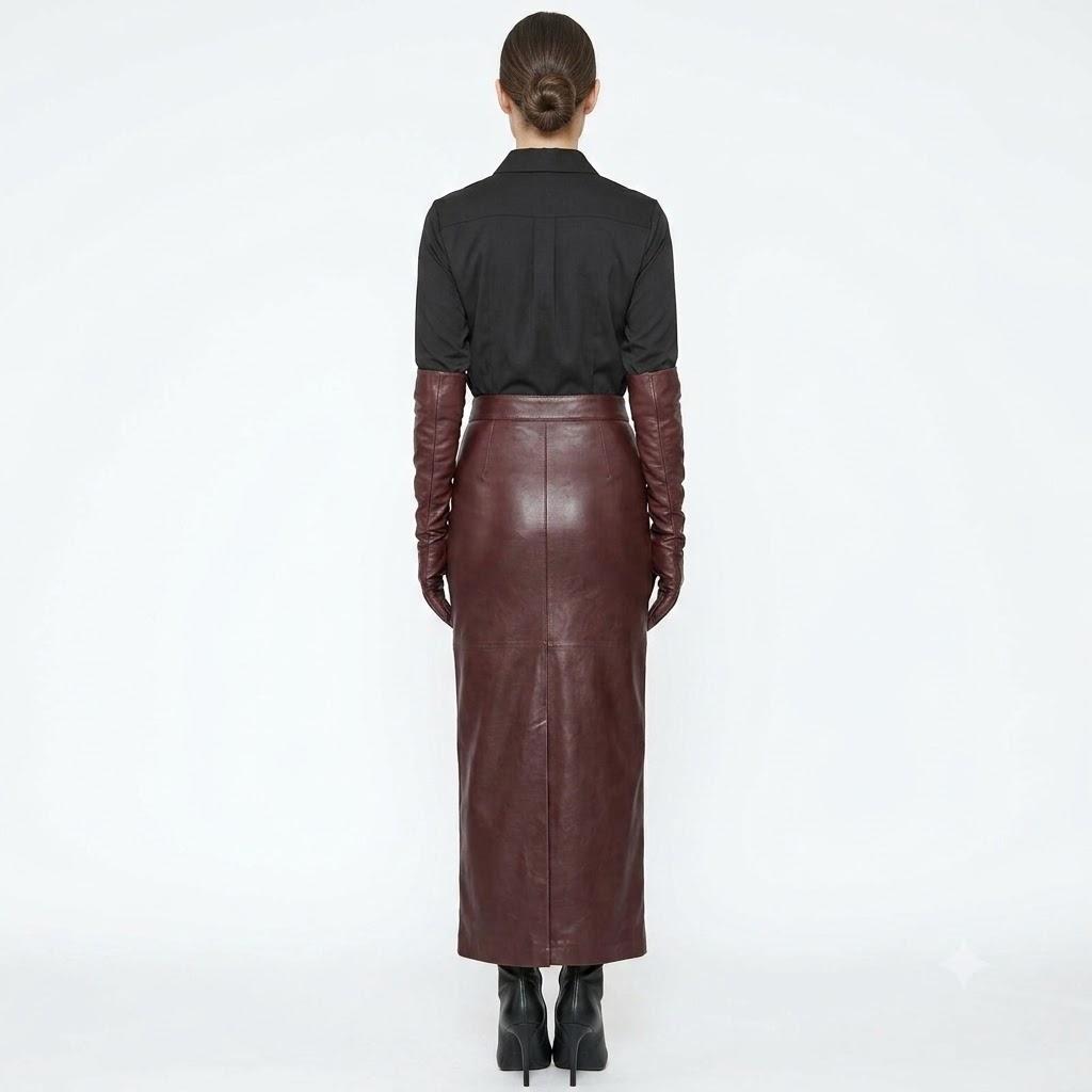 Gonna Elegante da Donna Bordo Lungo da Festa Pelle di Agnello Fatta a Mano Vera Vestibilità
