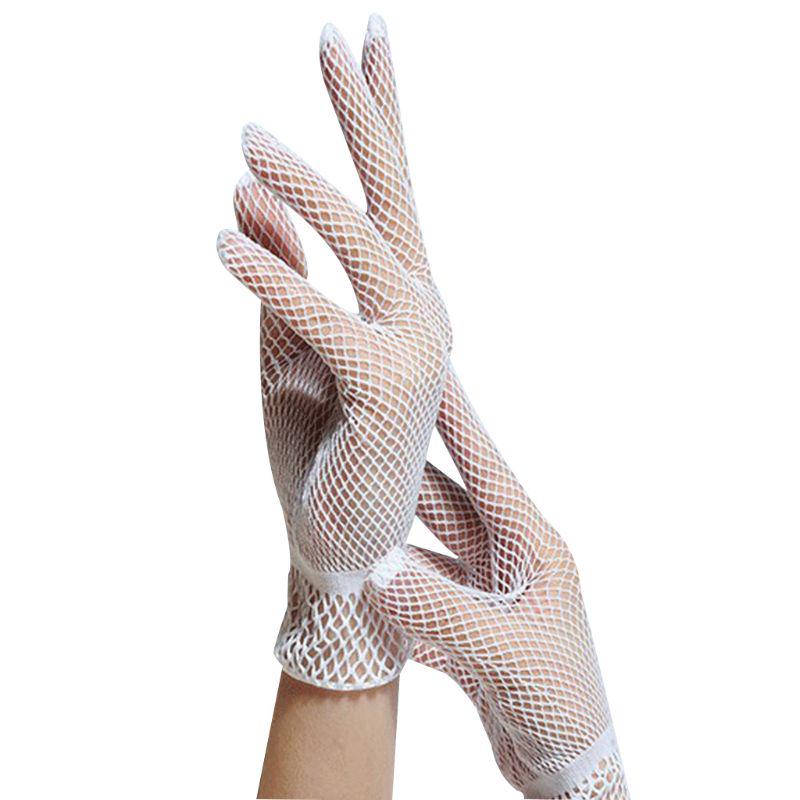 Women Short Fishnet Gloves Sunblock Full Finger Bride Wedding Wrist Mesh Mittens
