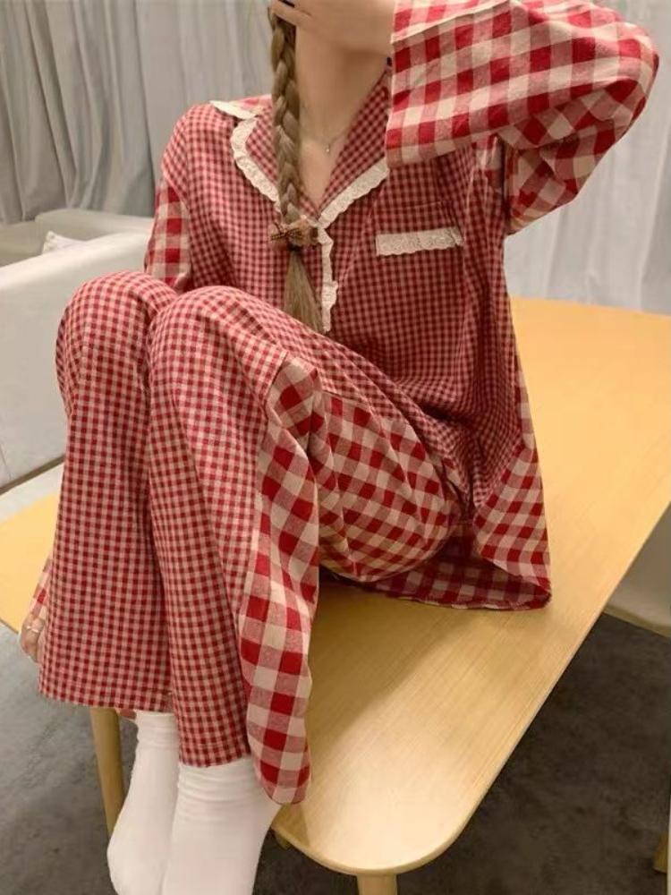 Rødrutete pyjamassett Dame Vår Høst Søt Hjemme Casual Langermet Nattøy Mote Alt-match Vintage Klær Myk