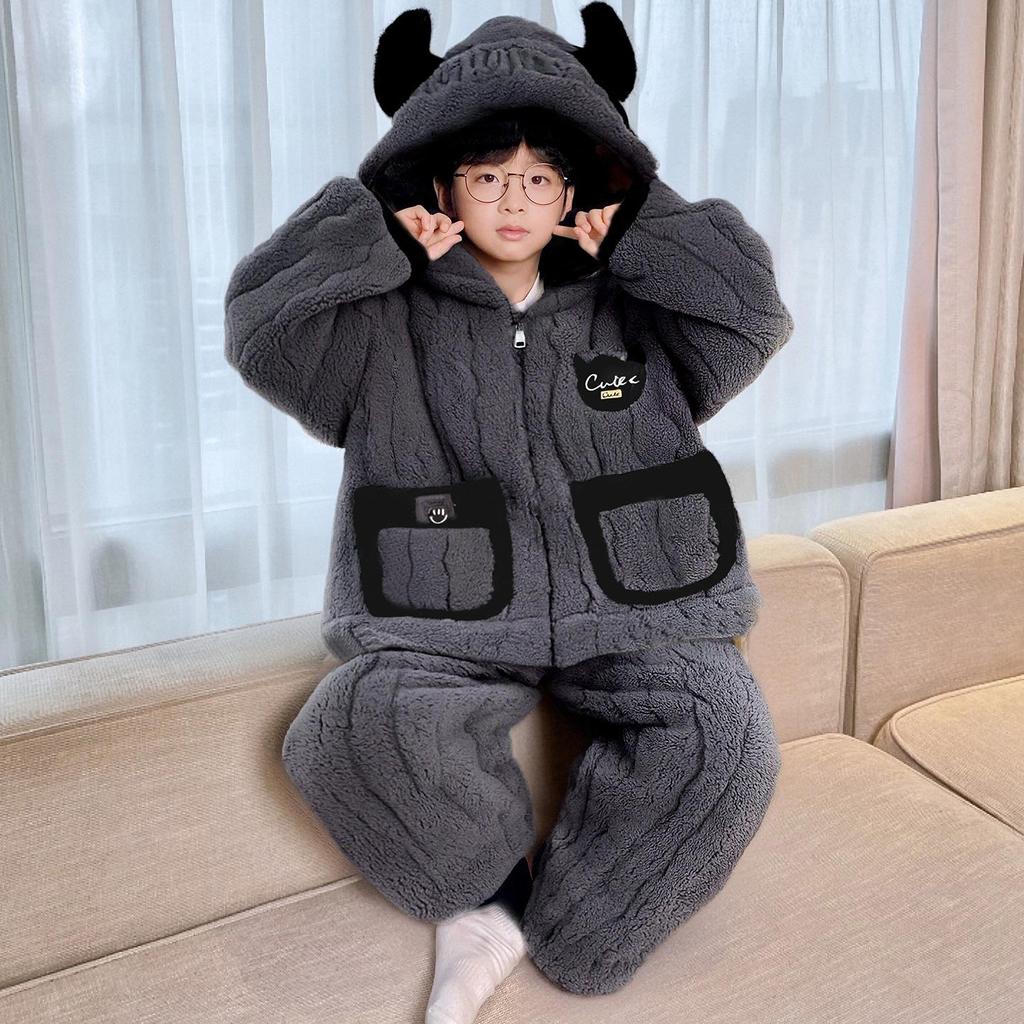 Boys' Thick Flannel Pajama Set - Children's Coral Fleece, Spring/Autumn 2025.