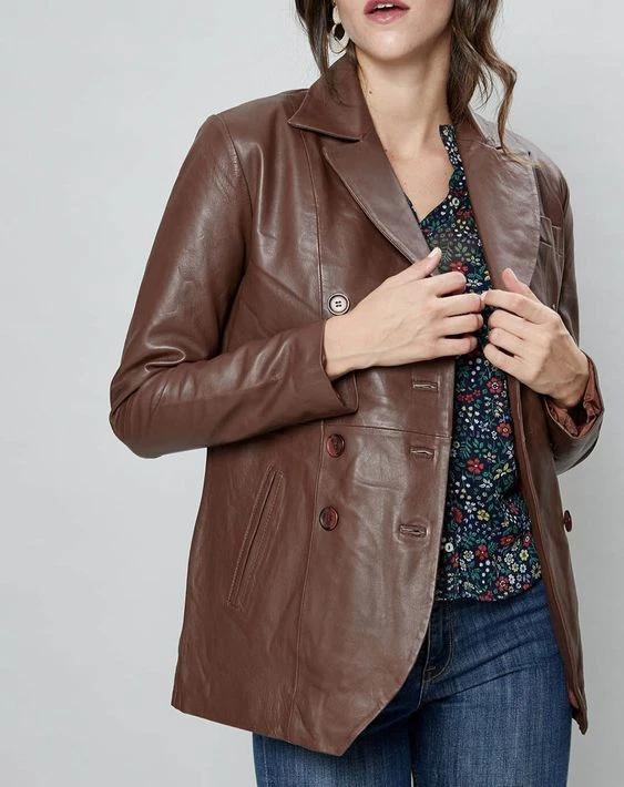 Formal Designer Party Handmade Brown Blazer Stylish Women's Real Lambskin Leather