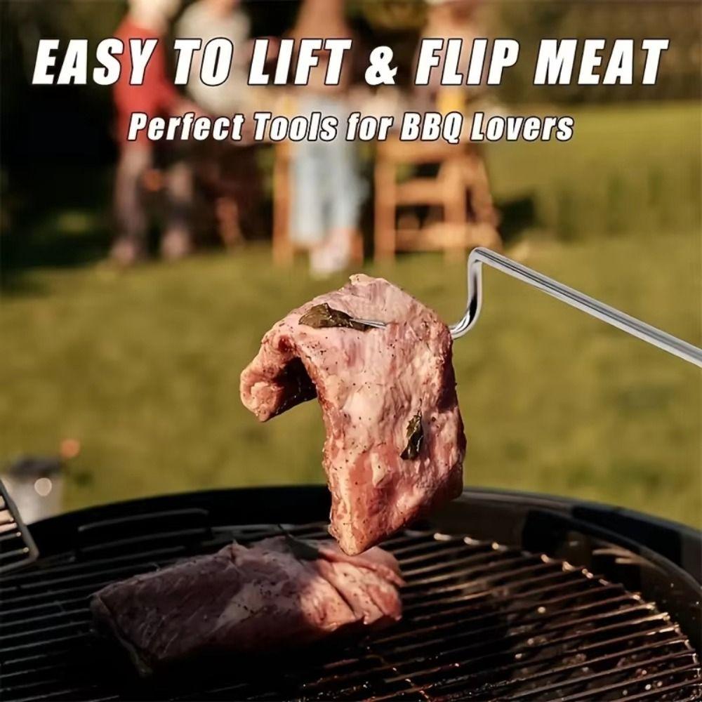 Wooden Handle BBQ Meat Flipper Hook Heavy Duty Grilling Cooking Flipper  Home Cookout