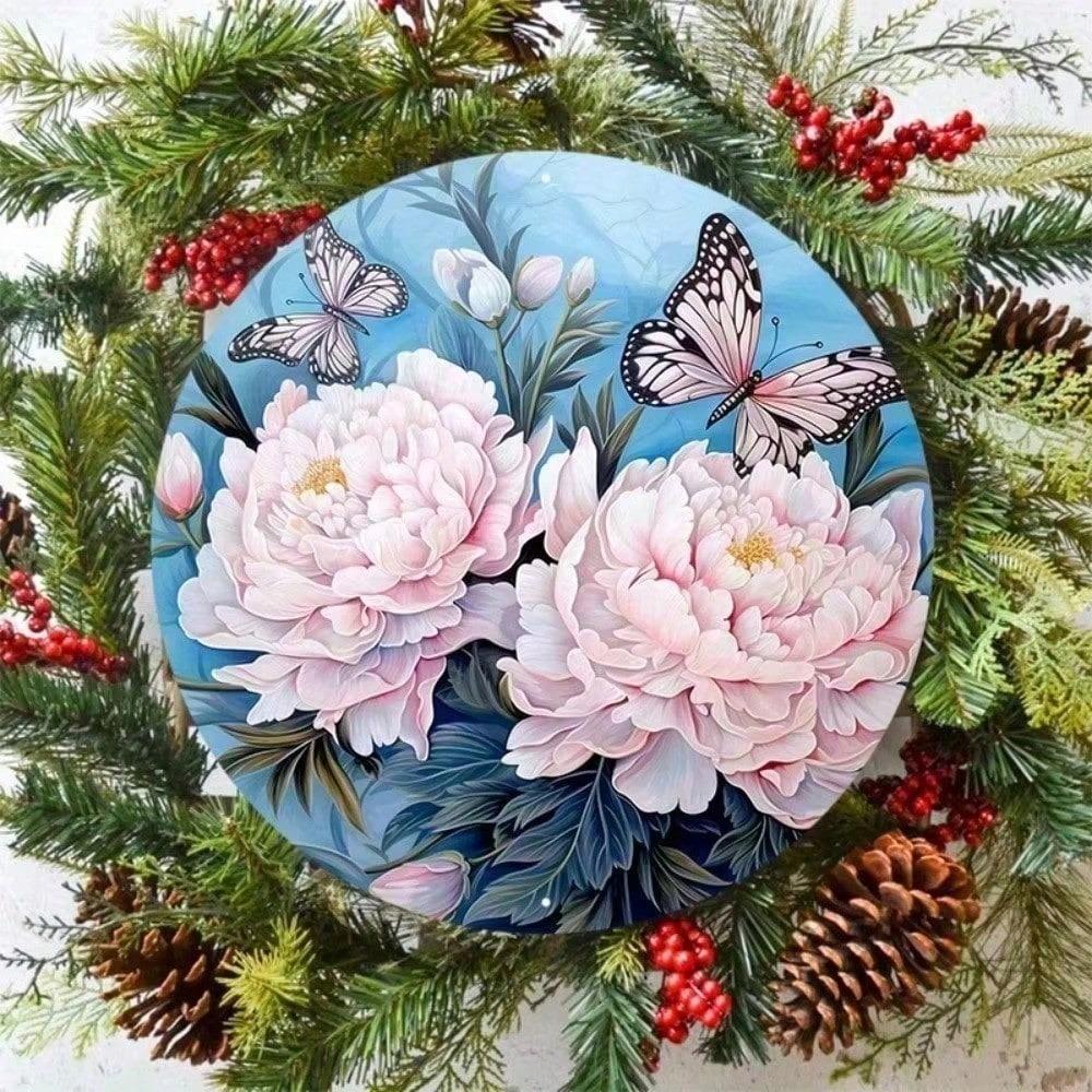 Outdoor Metal Wreath Sign Peony Butterfly Door Decor Wall Art Hanging 8x8 Inch