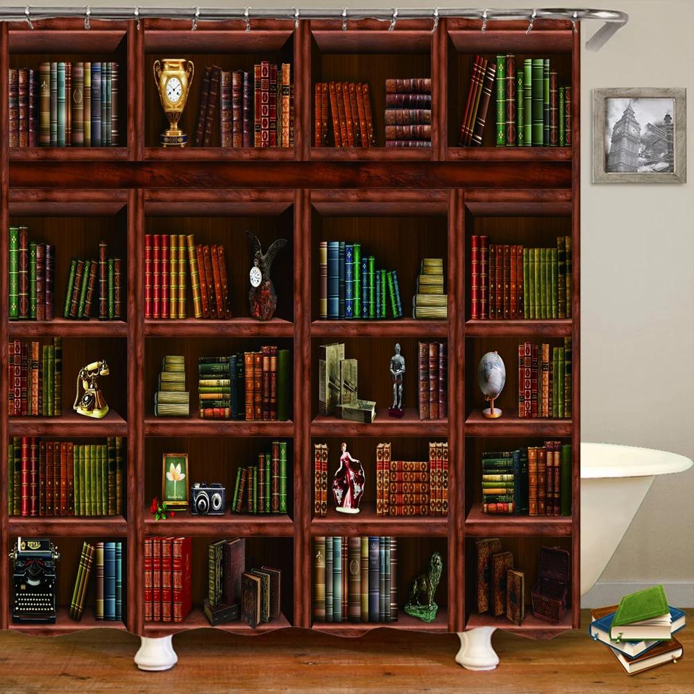 

3D-печатные шторы для ванной комнаты в скандинавском ретро-стиле, книжная полка, штора для душа с крючками, домашний декор, водонепроницаемая ткань, экран для душа W90XH180cm