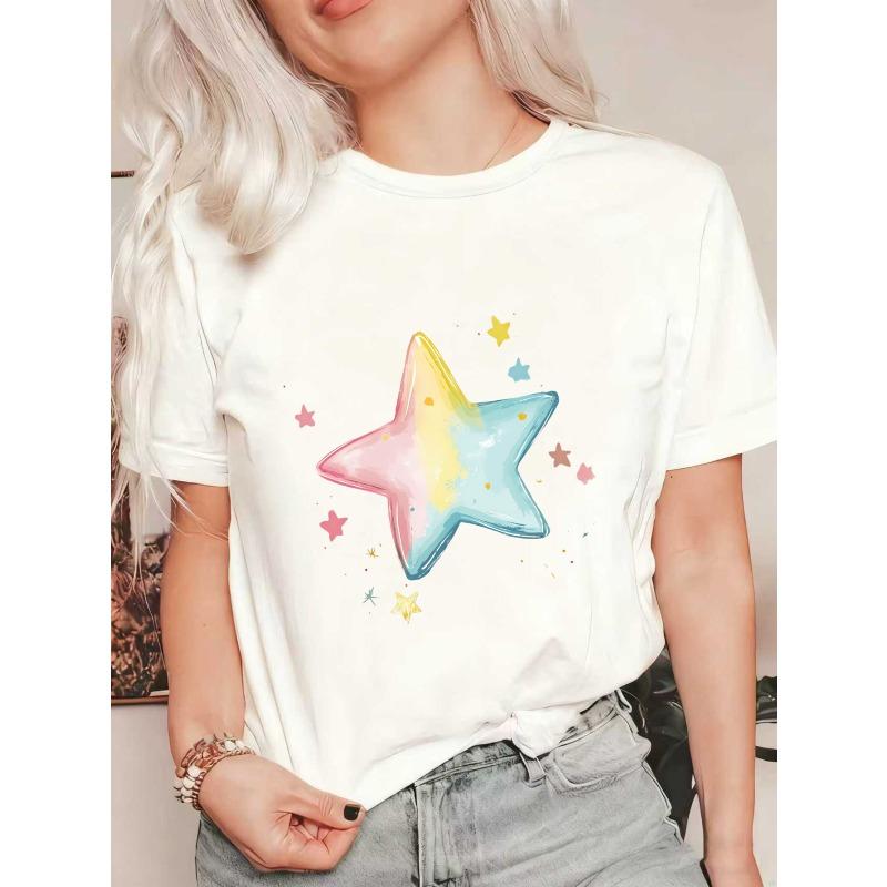 

Женская футболка оверсайз с короткими рукавами, с градиентным принтом звезды розово-желто-синего цвета и принтом из разноцветных маленьких звездочек XXXXL белый