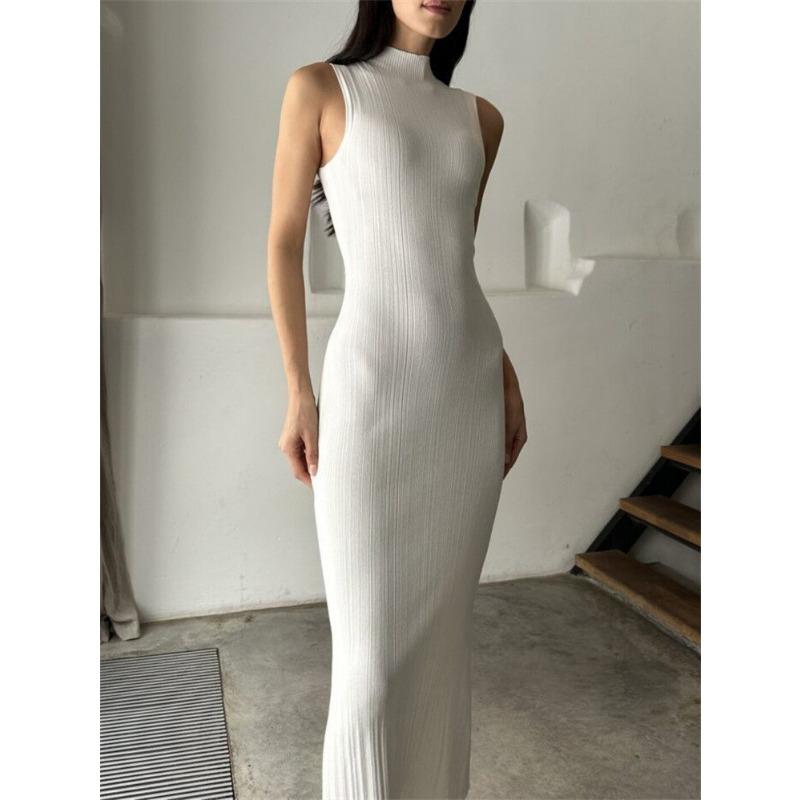 Knitted Turtleneck Sleeveless Tight Skirt Spring and Summer New Mid-length Skirt Elegant French Dress for Women