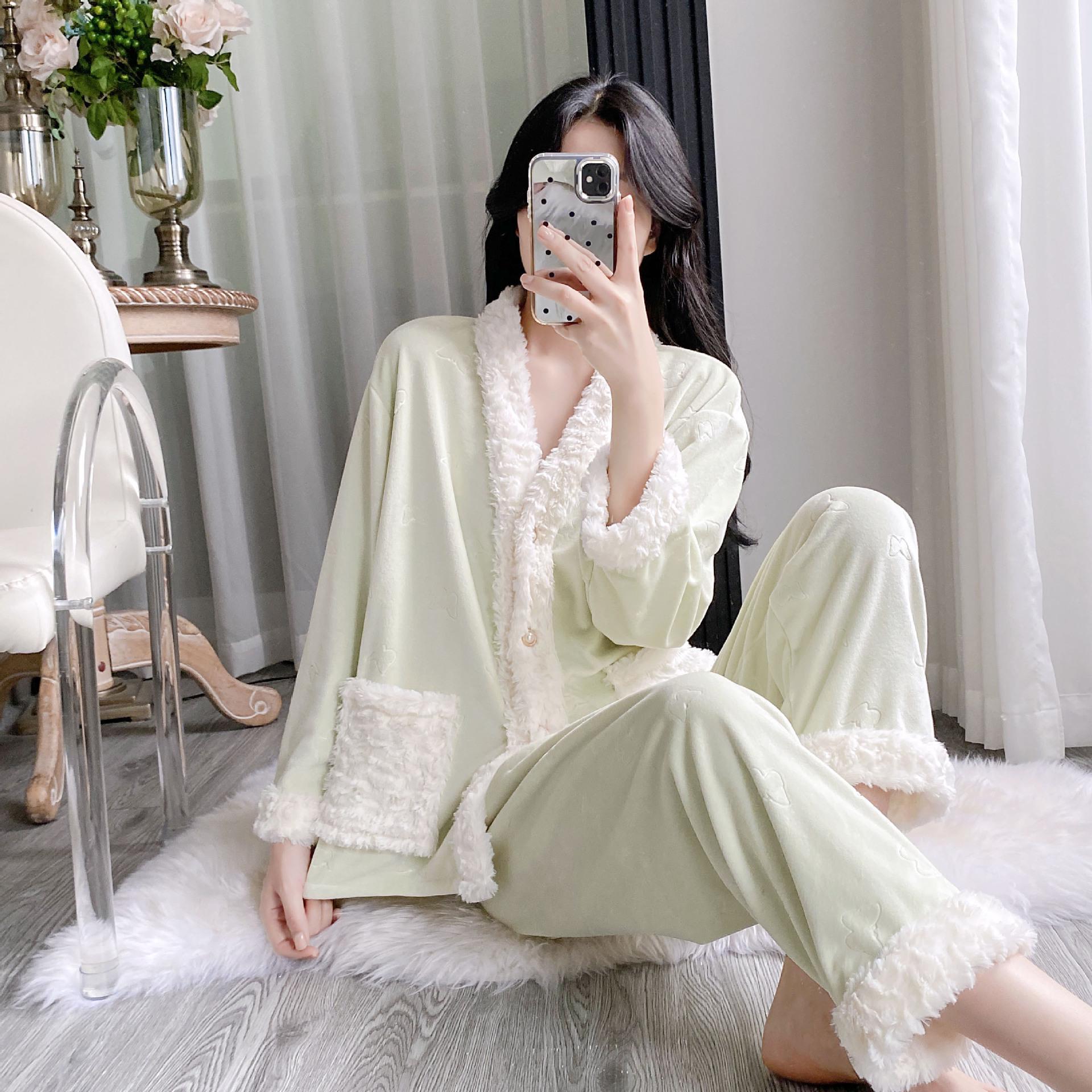 

Женский жаккардовый пижамный комплект однотонного цвета на осень/зиму 2025 года - С длинным рукавом, длинные брюки, теплый флис Medium