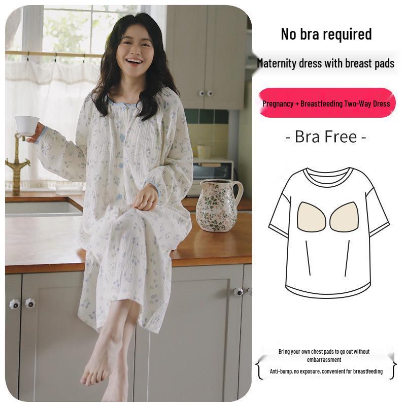 Umstandskleid aus reiner Baumwolle mit Brustpolstern - Leichter Frühlings-/Sommer-Postpartum-Still-Bademantel