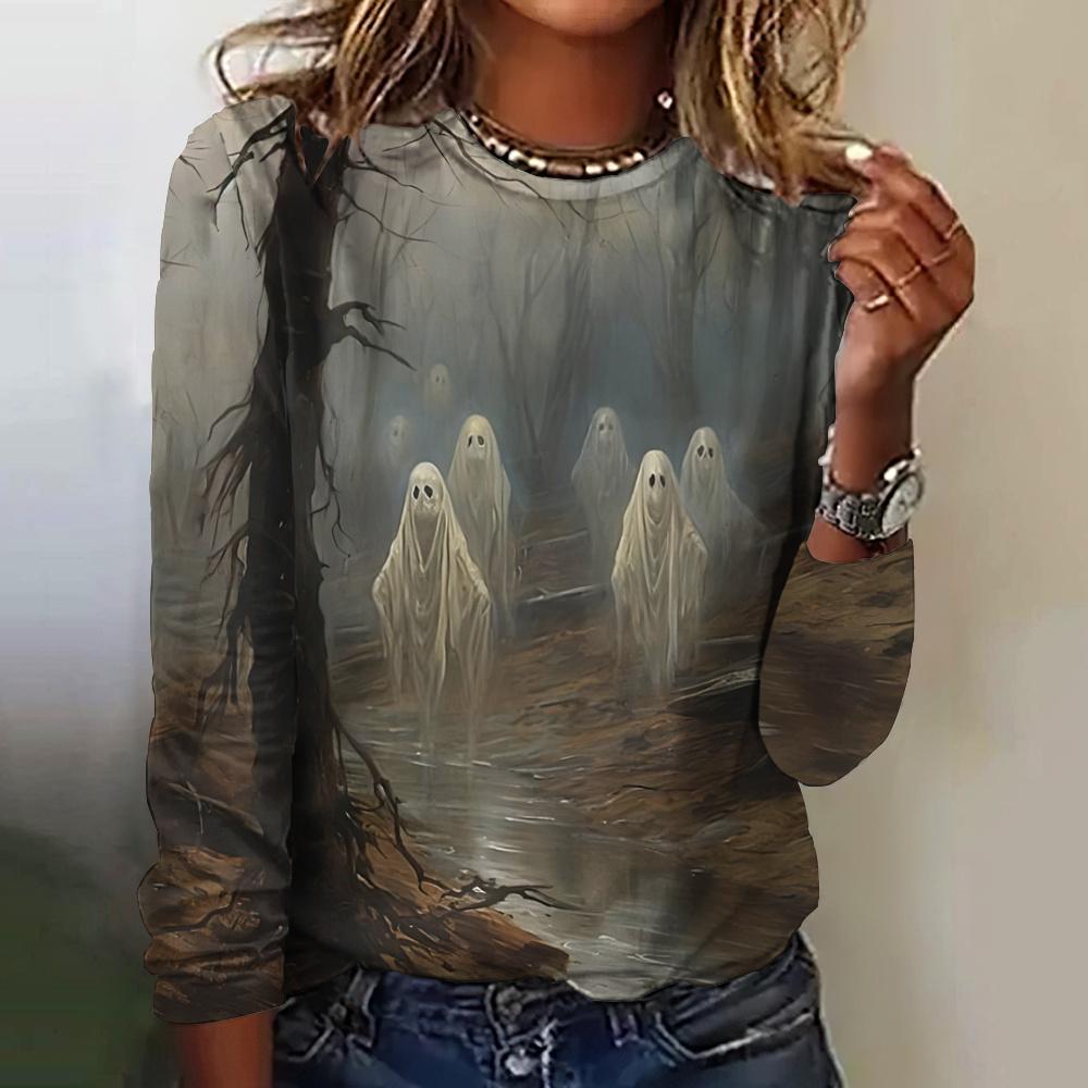 Halloweenské speciální oblečení Dámská podzimní/zimní trička Bláznivý přízrak Dlouhý rukáv Imitace bavlny Tričko Kulatý výstřih Topy Ne
