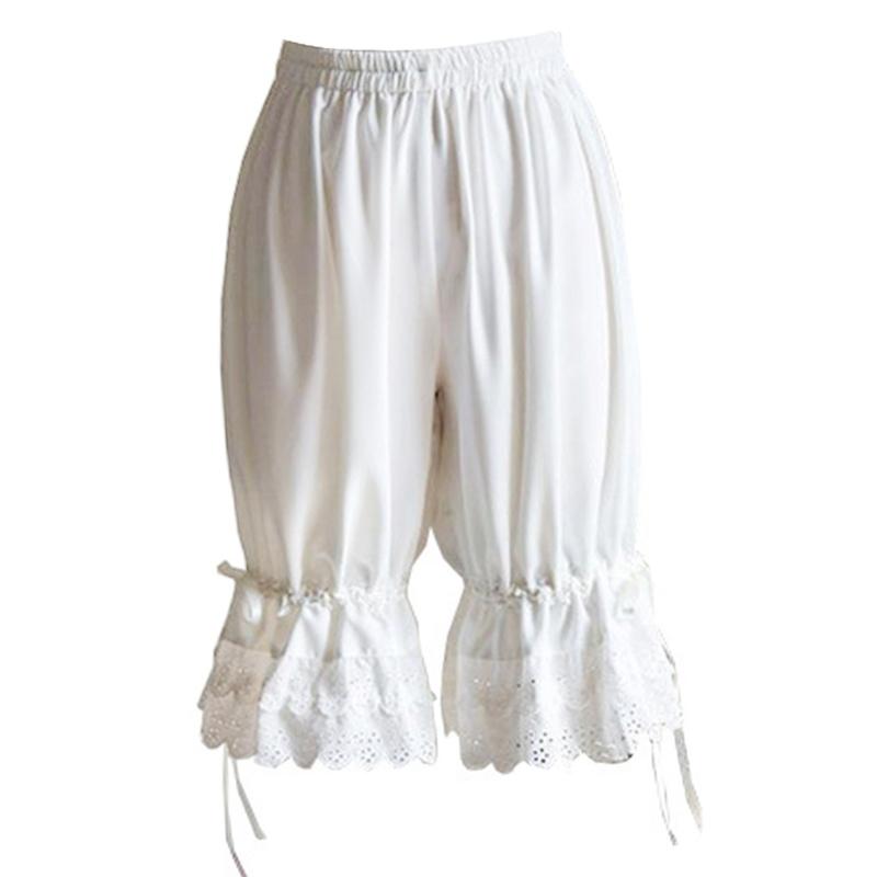 Vintage Solid Color Lantern Pants Bloomers Ruffles Lace Hem Bow Shorts Elastic Wasit Wide Leg Pant Elastic Bubble