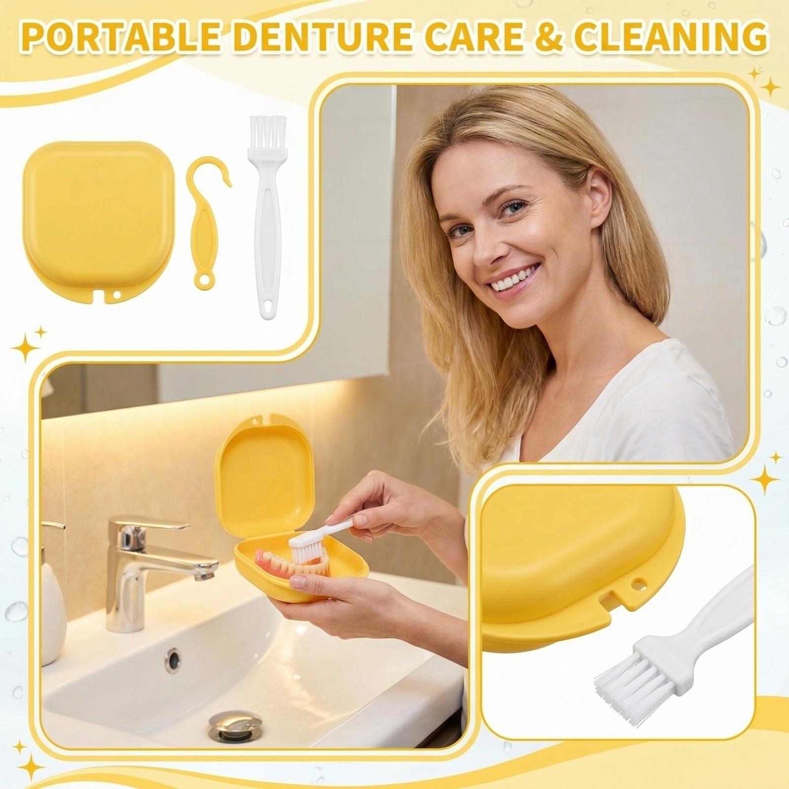 

Portable Denture Cleaning Box with Denture Brush and Holder Compact Design for Denture Storage and Cleaning Oral Care Accessory One Size жовтий