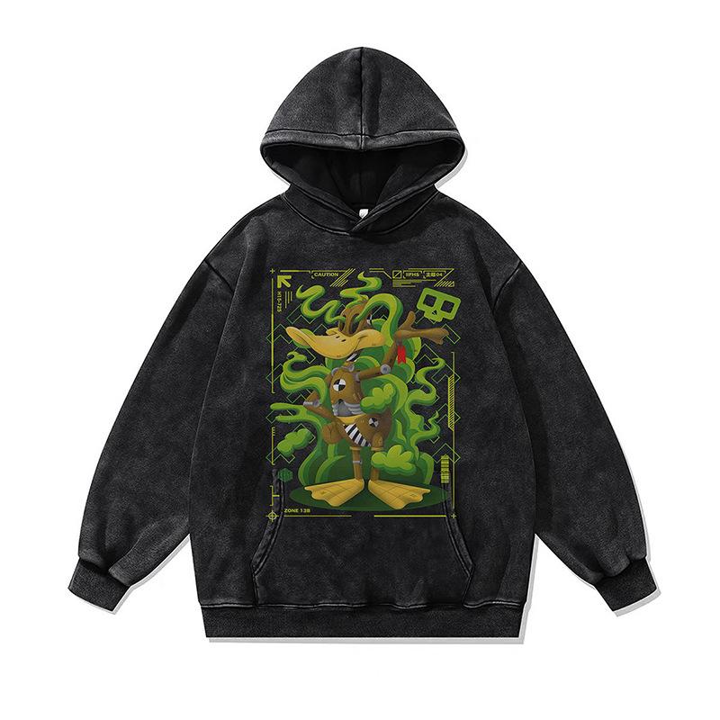 Dark Two-Dimensional Cartoon Digital Direct Injection Printing Hooded Sweater For Men And Women Washed And Old Hoodie