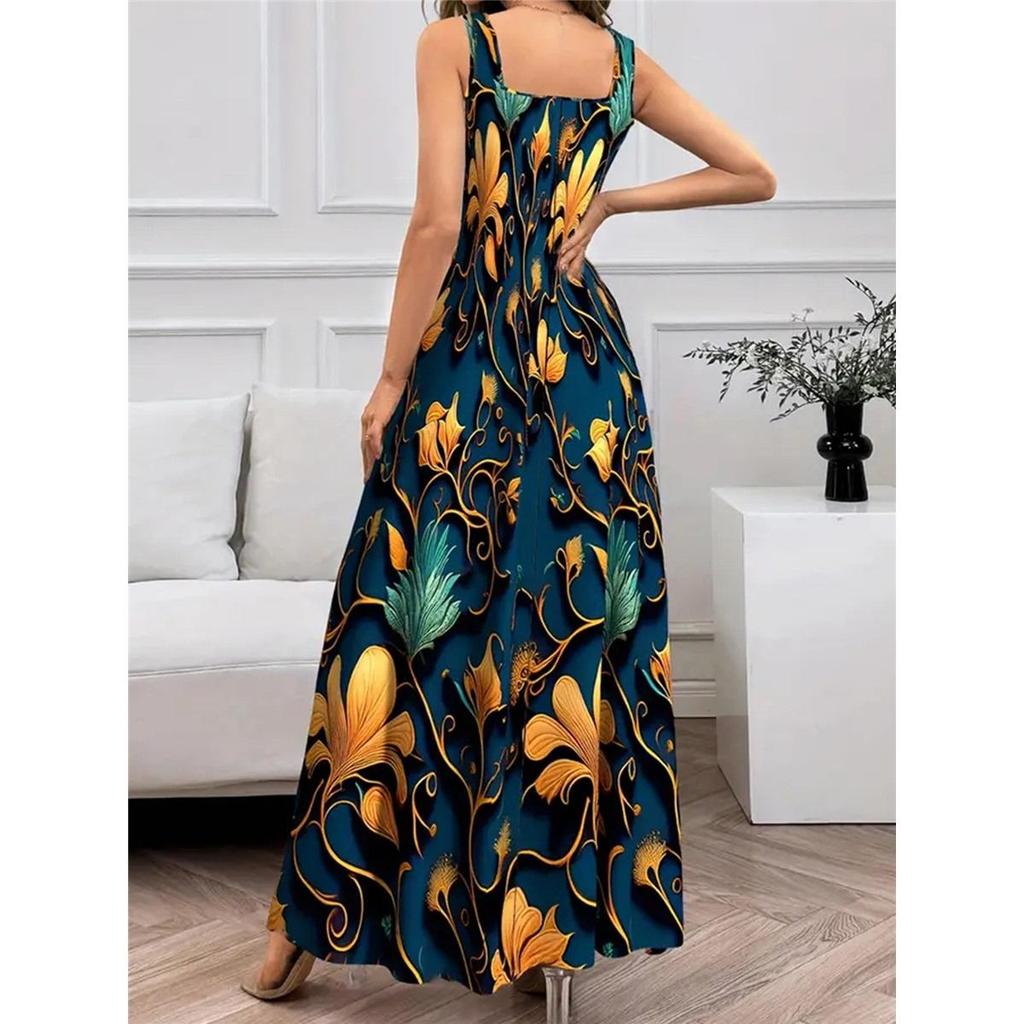 Women's Sleeveless Square Collar Printed Elegant Long Vest Dress