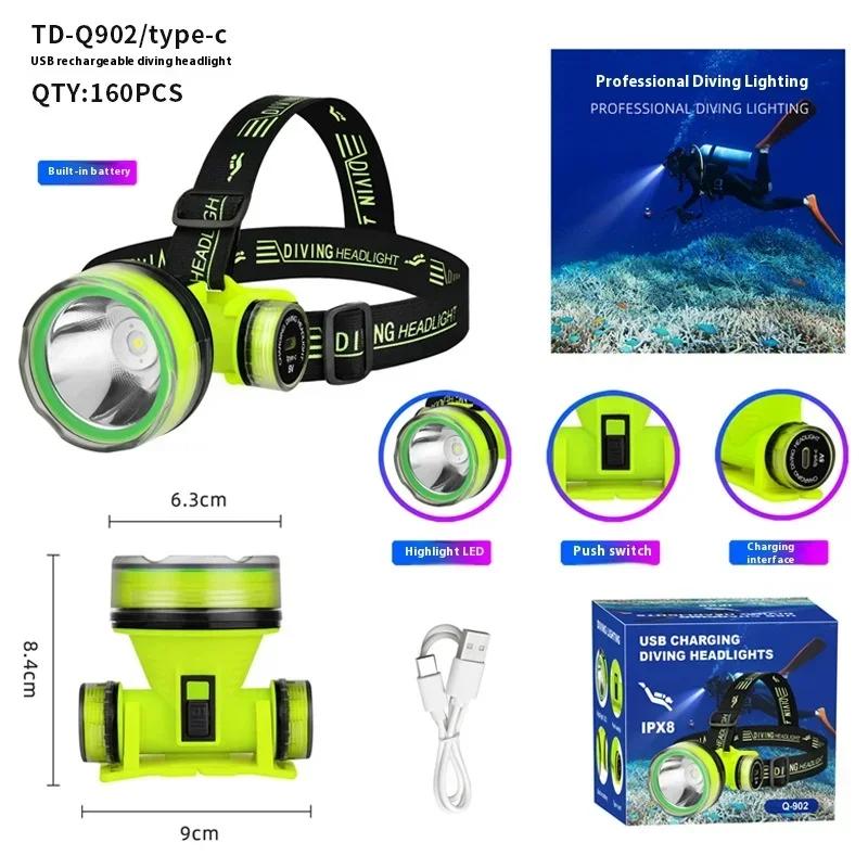 New Portable Rechargeable Diving Headlight 350m Underwater 2 Light Modes Waterproof Super Bright LED Diver Spearfishing Headlamp