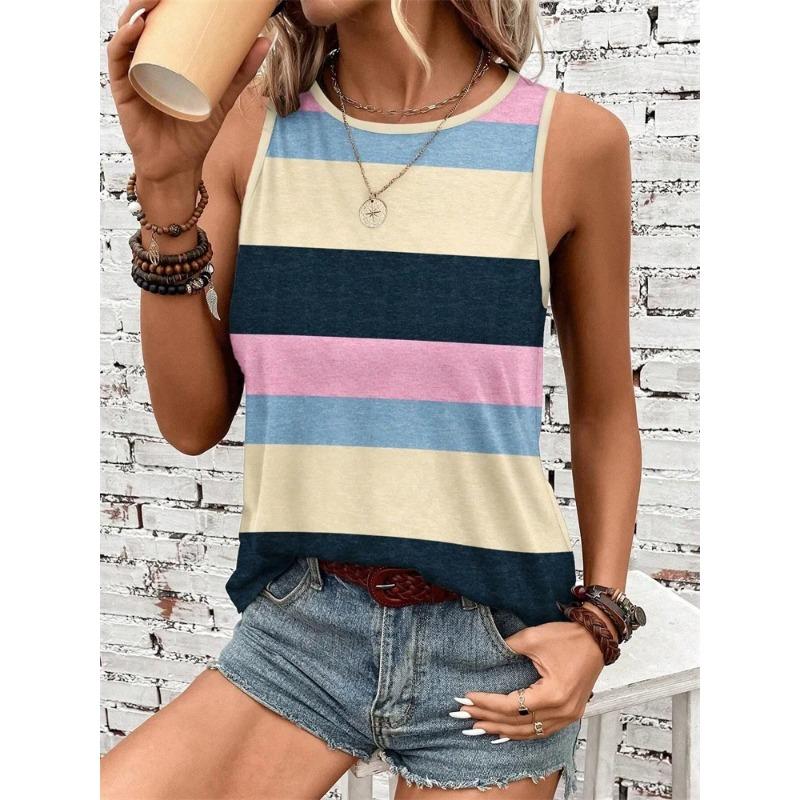 Women's Sleeveless Round-neck Vests Fashionable Geometric Color Block Printed Summer Street Fashion Casual Wear