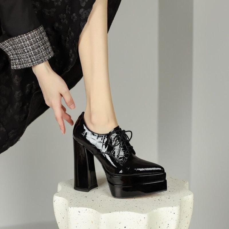 Scarpe basse con tacco altissimo, modello autunno, punta affusolata, allacciatura frontale, plateau antiscivolo, tacco quadrato resistente all'usura.