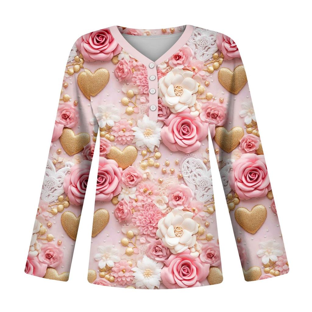 Damen Valentinstag Liebesherz Print Mode Lässig Langarm V-Ausschnitt Knopfhals Oberteil