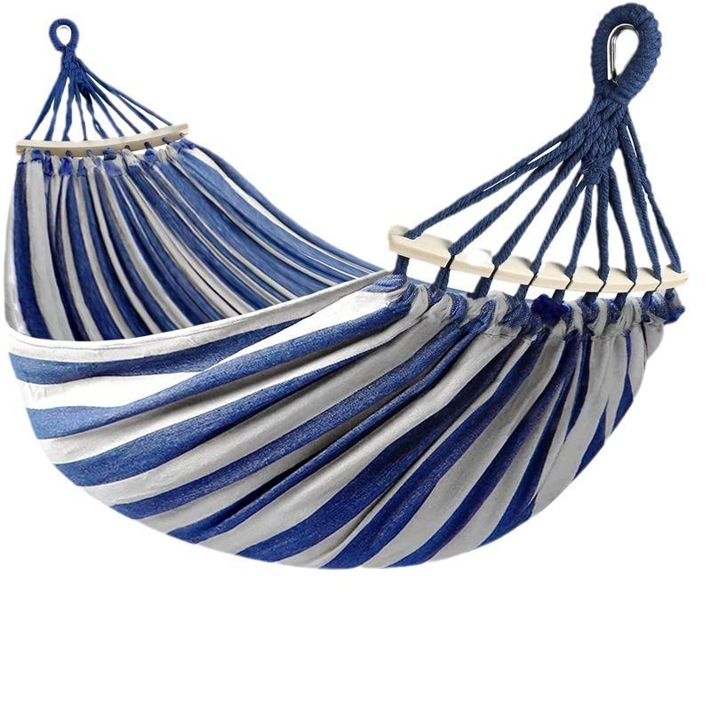 

Холщовый гамак против перекатывания Двойной Кемпинговый с Изогнутыми Деревянными Шестами Уличная Кровать-качели для Двоих синий