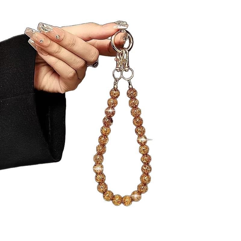 Amber Cracked Bead Phone Chain with Handmade Short Lanyard and Bag Charm