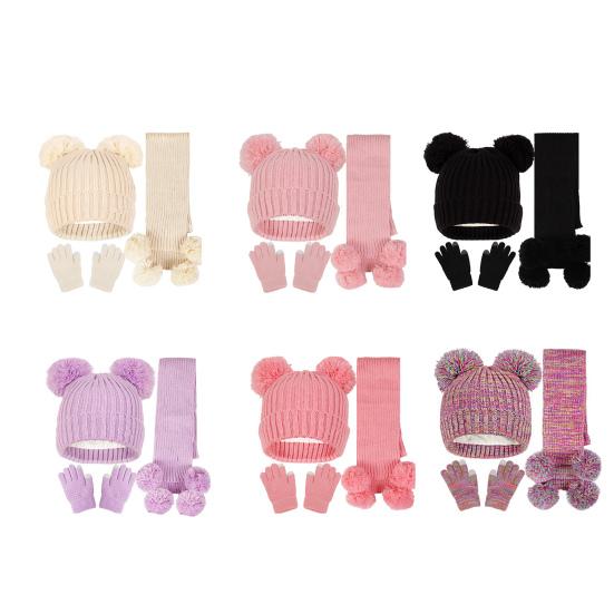 3Pcs/Set Kids Hat Scarf Gloves Set Solid Color Jacquard Plush Ball Decor Knitting Hat Long Scarf Winter Gloves Set