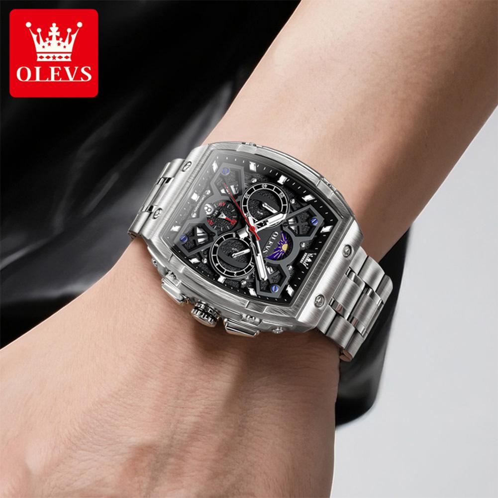 OLEVS Herren Chronograph Uhr Original Tonneau Quarz Uhr Wasserdicht Leuchtend Edelstahl Uhren Für Männer