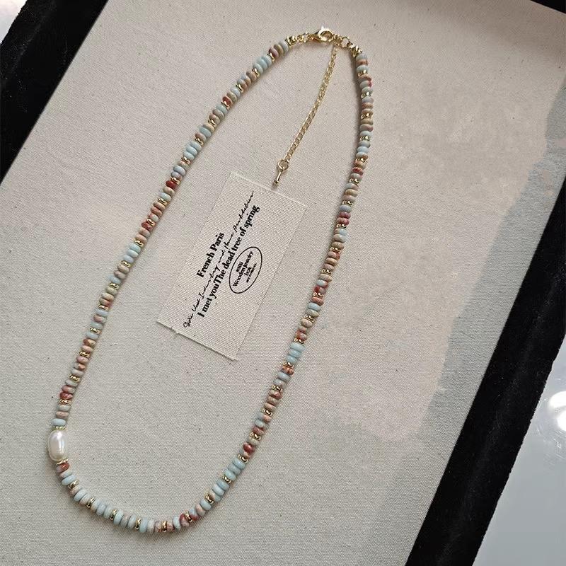 Freshwater Pearl Mixed Color Natural Stone Bracelet Summer Dopamine Necklace Temperament Shoushan Stone Agate Collarbone Chain