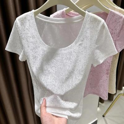 Sommer Damen Rundhals Texturiert Durchsichtig Schlank Weiß Kurzarm Top