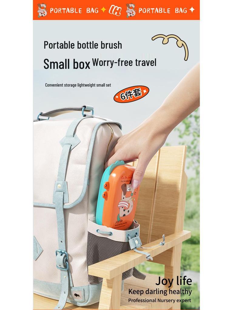 Portable Baby Bottle & Nipple Cleaning Brush Set with Drain Rack and Storage Box