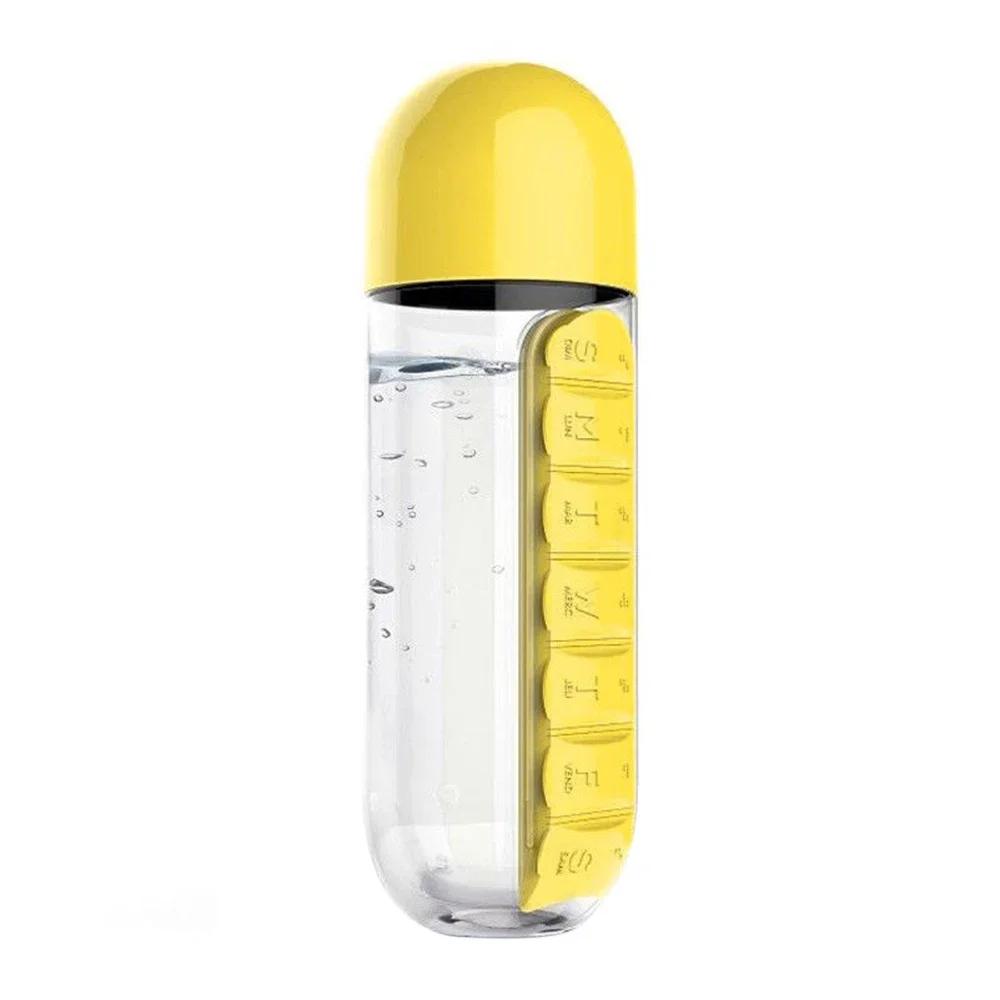 2-in-1 600ml Water Cup Sports Plastic Water Bottle Combine Daily Pill Boxes Organizer Drinking Bottles With 7 Grids Medicine Box