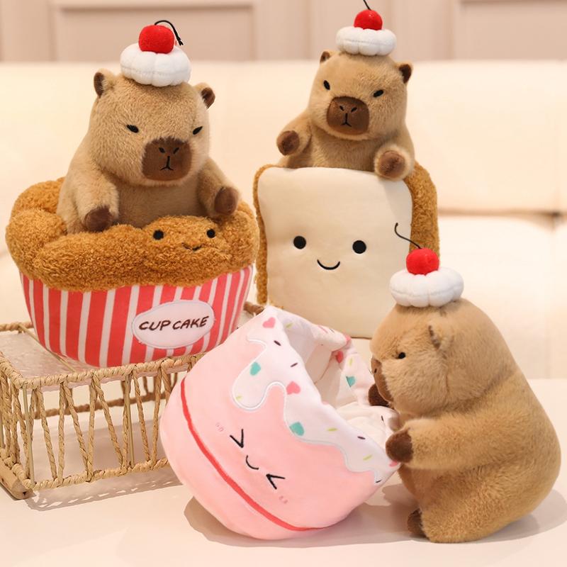 Practical Home Decor Unisex Kids Capybara Hide In Cup Cake Plushie Small Capibara In Toast Croissant Pineapple Bun Food Snack Plush Toys For Kids Birthday Gift