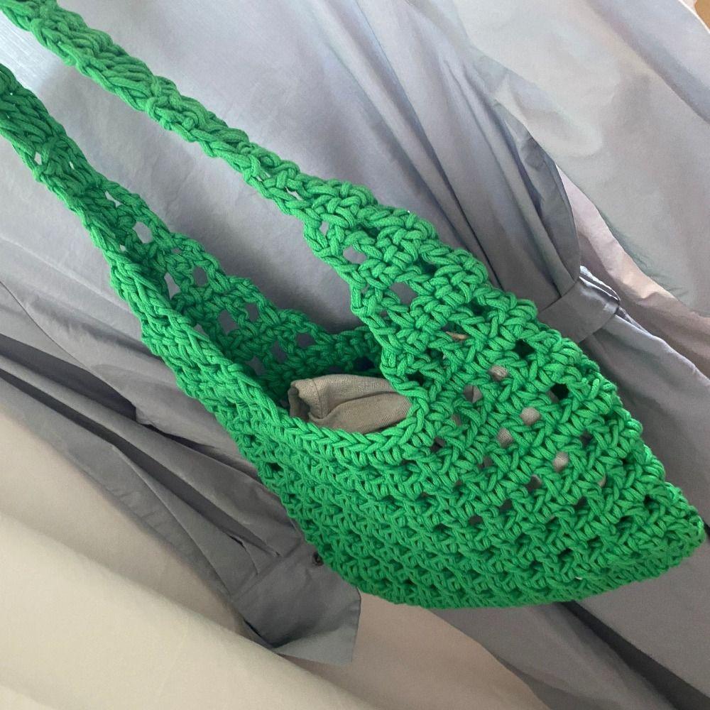 Braided Crochet Tote Bag Solid Color Beach Bag Fashion Hollow Out Knitted Weave Bag  Daily