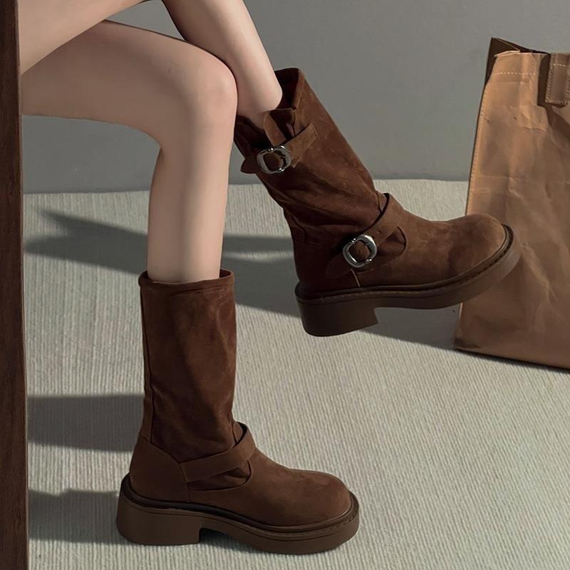 Women's Shoes Platform Martin Boots Women's Autumn and Winter Retro Maillard Metal Buckle Short Cowboy Boots Medium Tube Stack Thin
