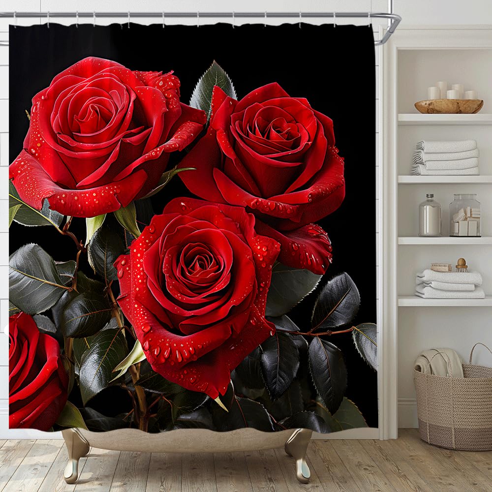 Red Rose Shower Curtain Botanical Floral Romantic Flower Valentine Girls Bathroom Curtain Decor Waterproof Fabric Include Hooks
