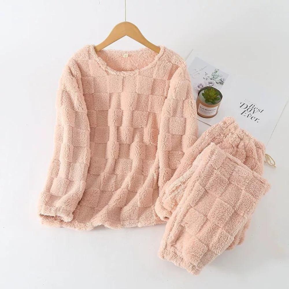 **Kadın Flanel Pijama Takımı Yuvarlak Yaka Jakarlı Uzun Peluş Kalın Sıcak Ev Giyimi**