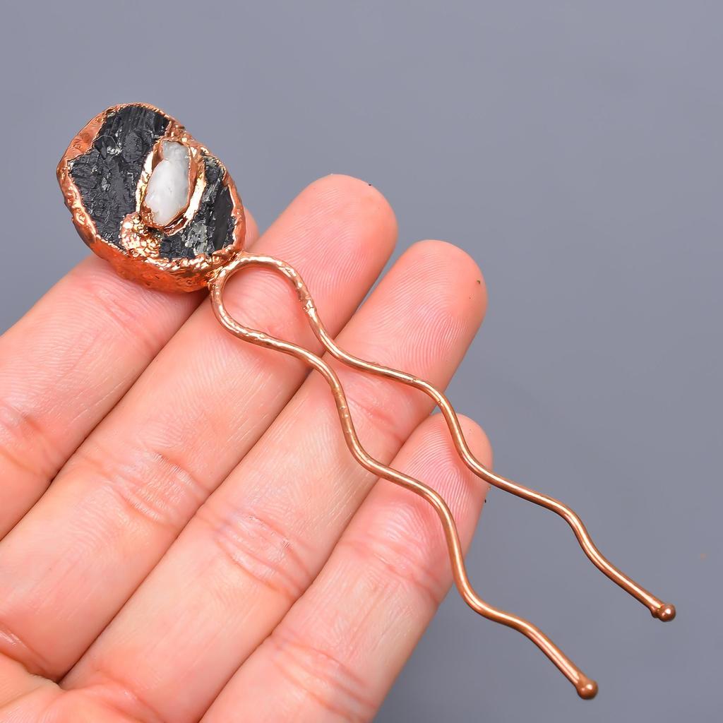 Black Tourmaline Druzy & Moonstone Jewelry Bun Stick 3.7 Inch / Electroplated Copper Gold Filled Hair Pin Christmas Gift For Mother Wife