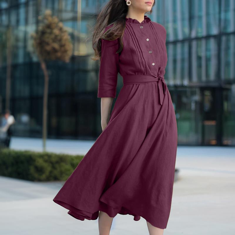ZANZEA Women Round Neck Casual 3/4 Sleeve Loose Long Dress