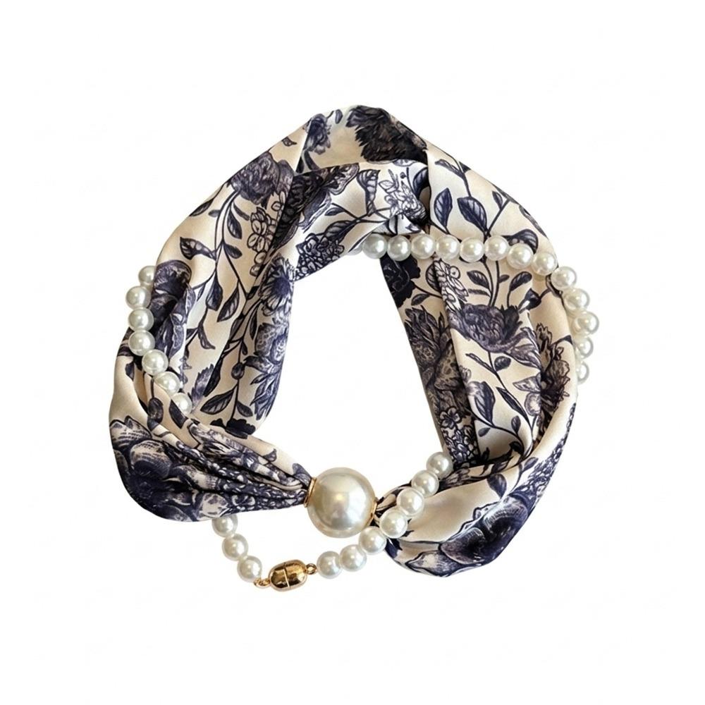 Magnetic Buckle Pearl Magnetic Clasp Scarf Thin Women's Shirt Necklace Elegant Silk Scarf  Women