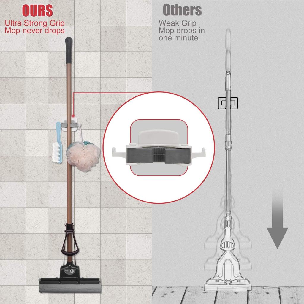 Broom Mop Holder, Wall-Mounted Multi-Function Tools Hanger with, Handles Up Diameter to 1.25-Inches (4 PCS White)