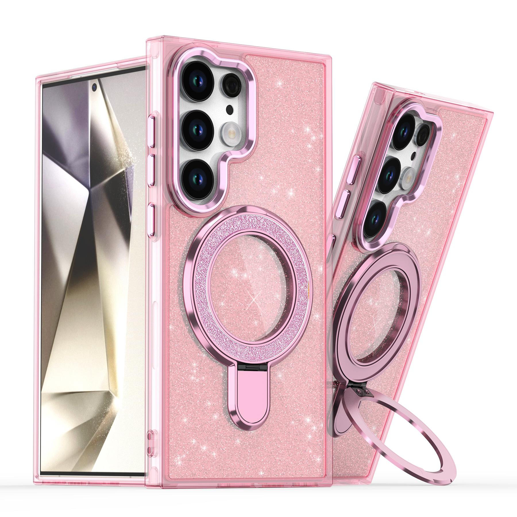 Coque Transparente Magnétique avec Support Métallique à Paillettes de Luxe pour Samsung Galaxy S25 S24 S23 Ultra S24FE S23FE A56 A36 A26 A16 Housse Magsafe Galaxy A16 rose
