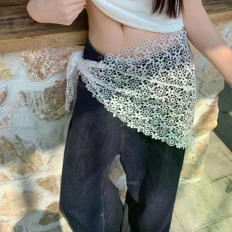Trendy Lace Hollow Out Triangle Hair Scarf Headband Women Girls Mini Skirt Y2K Hip Curtain Waist Chain Waist Accessories