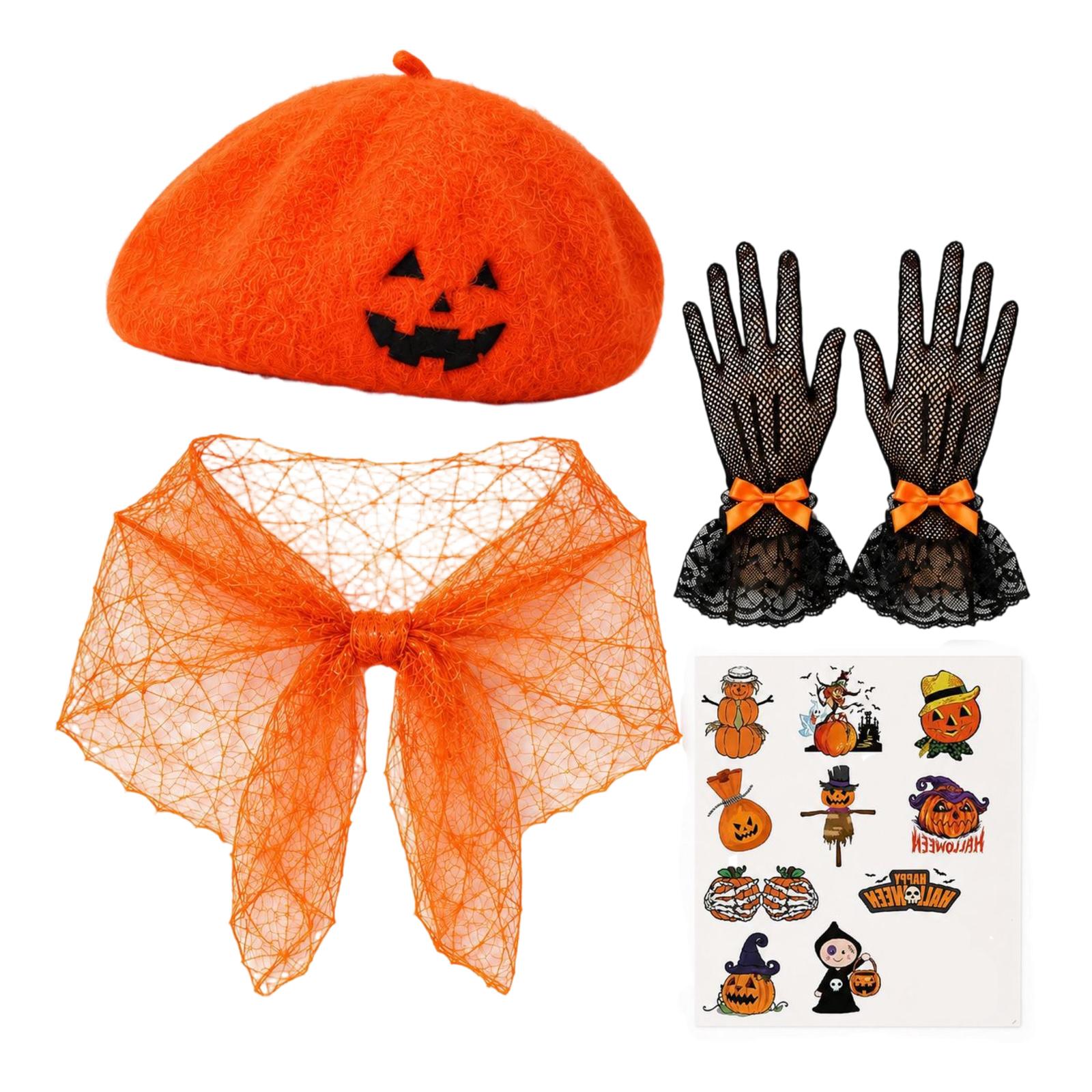 Halloween Pumpkin Themed Costume Set with Hat, Cape, Gloves and Stickers One Size