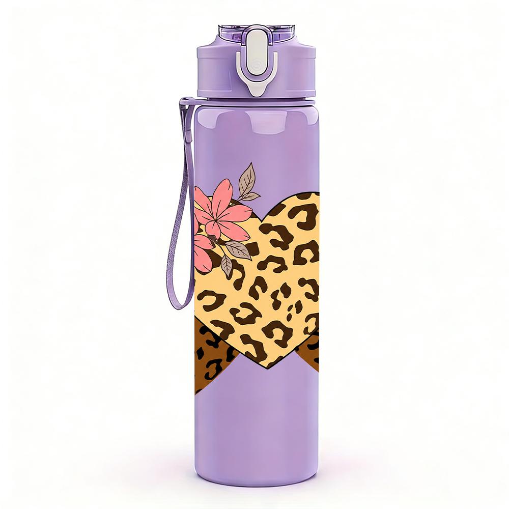 1PC Triple Leopard Heart 750ml Color Plastic Sports Water Bottle Leakproof Flip Straw Lid Suitable for Sports Office Home Use