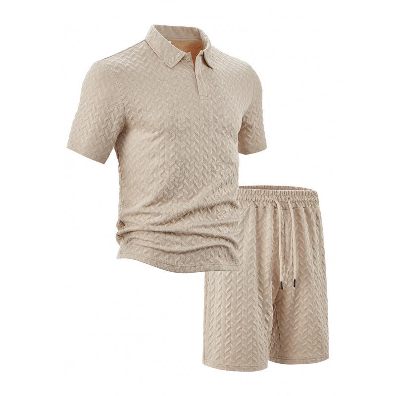 Summer Men's POLO Jacquard Solid Color Casual Loose Shorts Sports Set