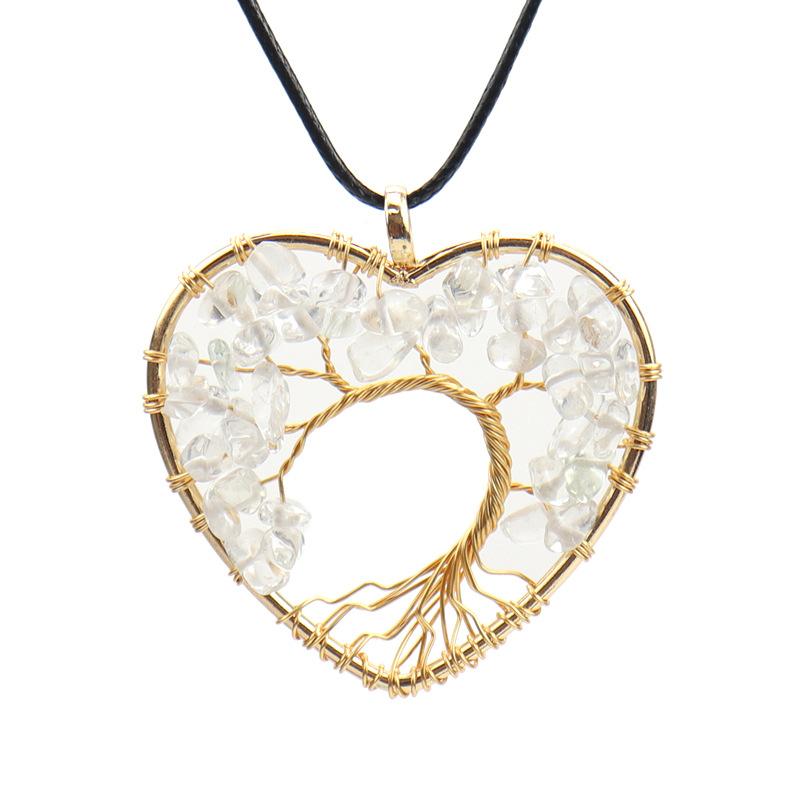 Hand Winding Gold Peach Heart Curved Tree Of Life Necklace Gravel Crystal Pendant Necklace N54